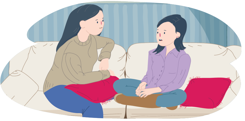 Mother and daughter sitting on couch talking Mother and daughter sitting on couch talking