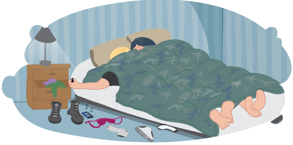 Male and female in bed, under the covers; male reaches for condom in bedside table drawer Male and female in bed, under the covers; male reaches for condom in bedside table drawer